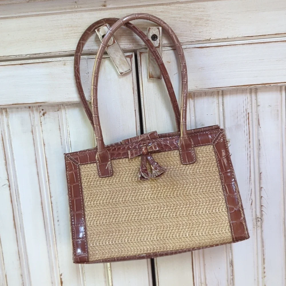 Liz Claiborne mini brown and tan straw and croc pattern purse.